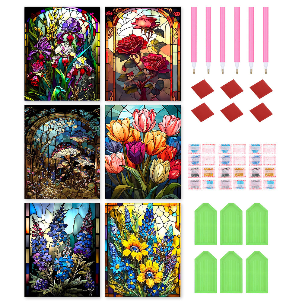 6pcs Round Diamond Painting Set - Glass art flowers and plants (30*40CM)