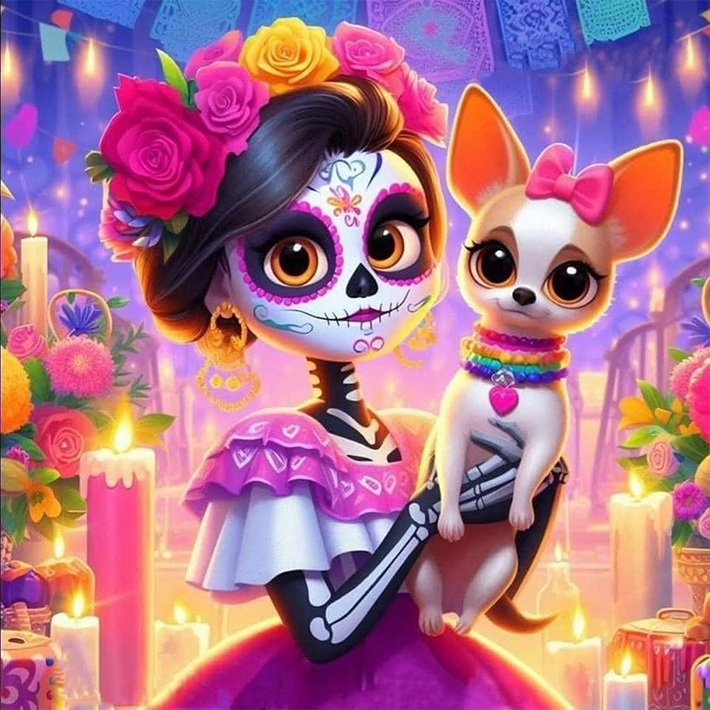 Diamond Painting - Full Round - skull girl and dog (50*50CM)