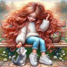 Load image into Gallery viewer, Diamond Painting - Full Round - Red-haired girl and kitten (40*40CM)
