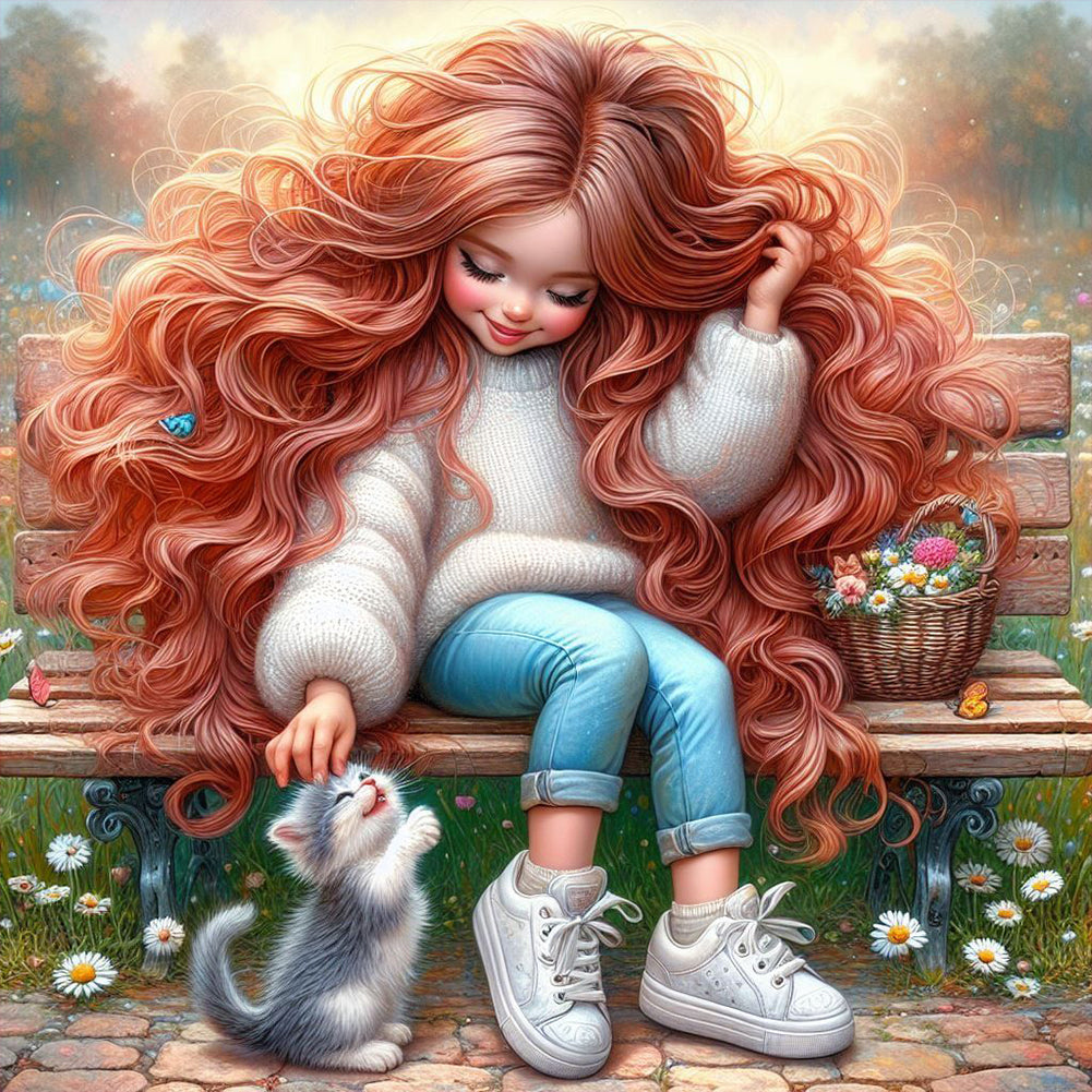 Diamond Painting - Full Round - Red-haired girl and kitten (40*40CM)
