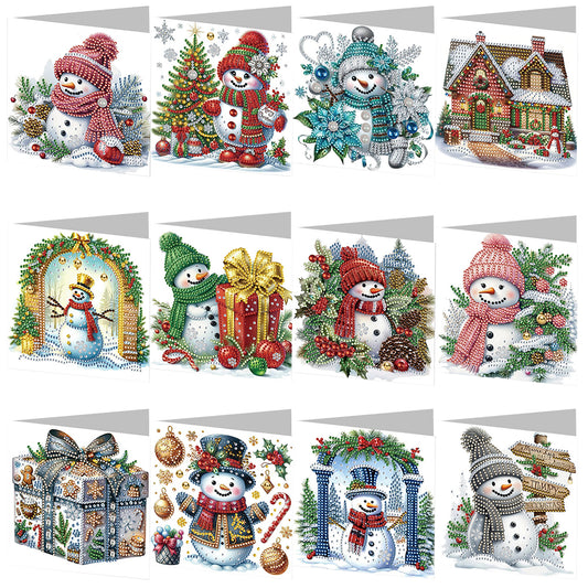 12Pcs Christmas Snowman DIY Diamond Painting Card for Friends Family Gift