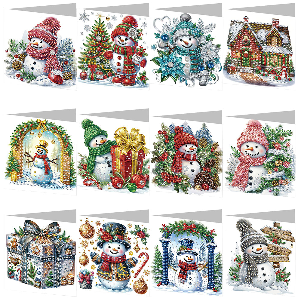 12Pcs Christmas Snowman DIY Diamond Painting Card for Friends Family Gift