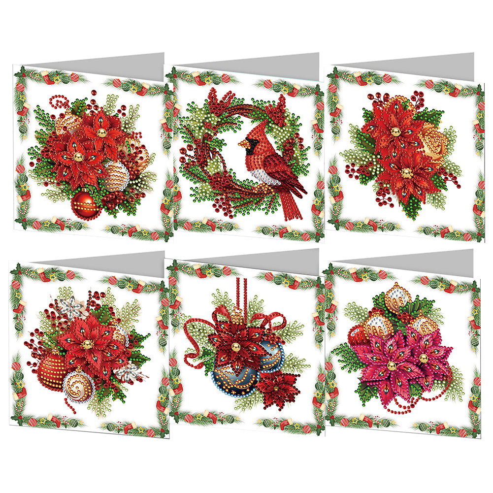 6Pcs Christmas Red Flower DIY Diamond Painting Card for Friends Family Gift