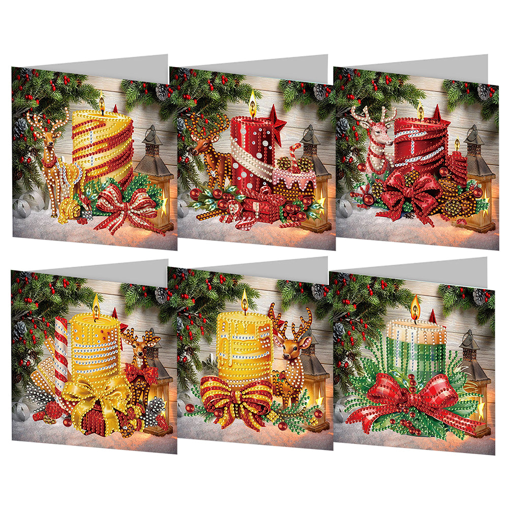 6Pcs Christmas Reindeer Candle DIY Diamond Painting Card for Friends Family Gift