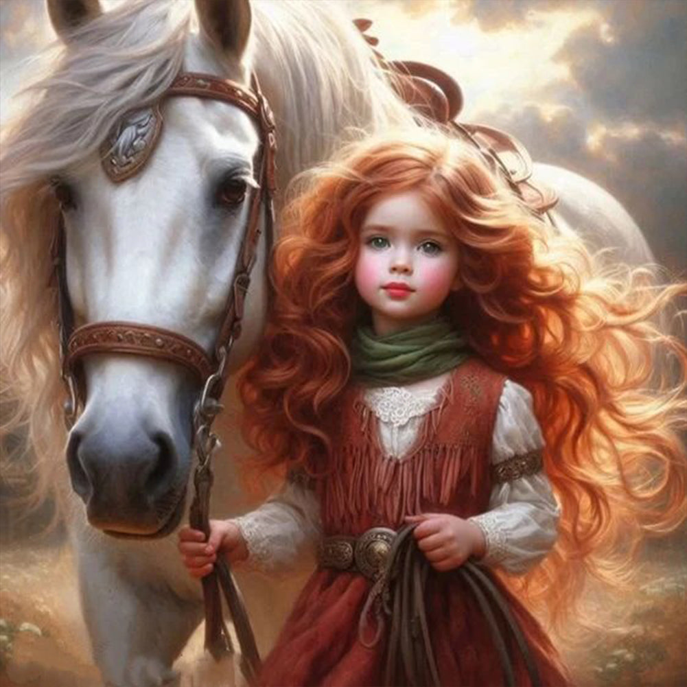 Diamond Painting - Full Round - White horse girl (30*30CM)