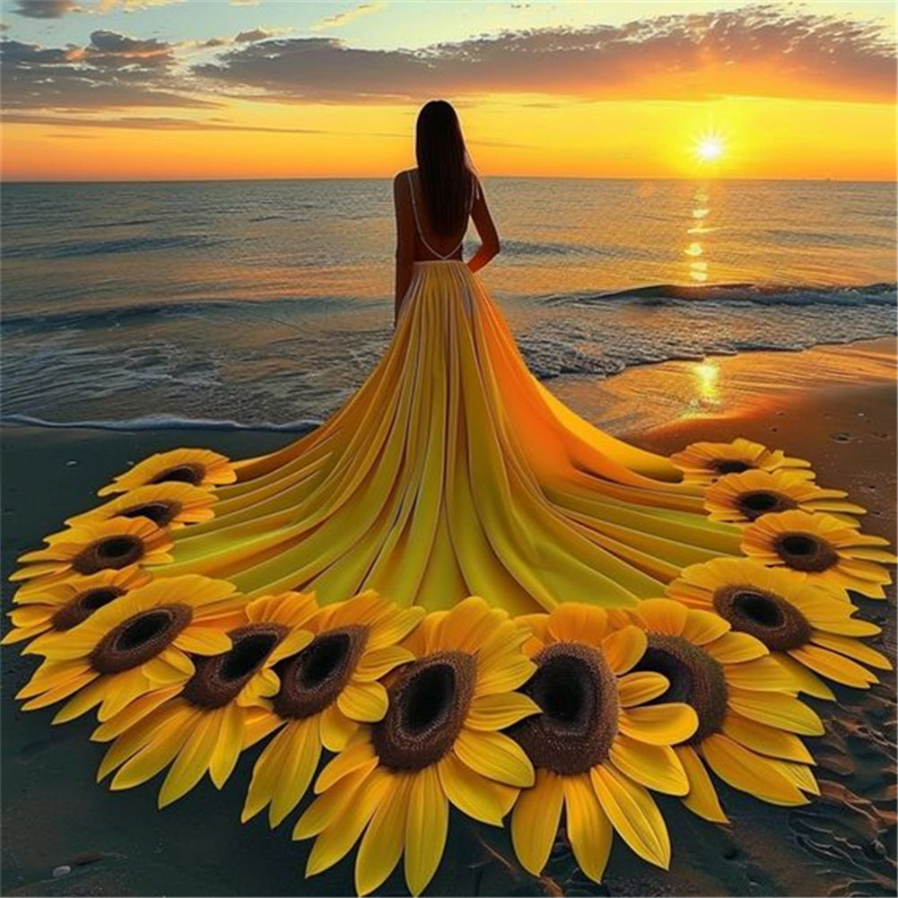 Diamond Painting - Full Round - Girl with Sunflower Skirt (40*40CM)
