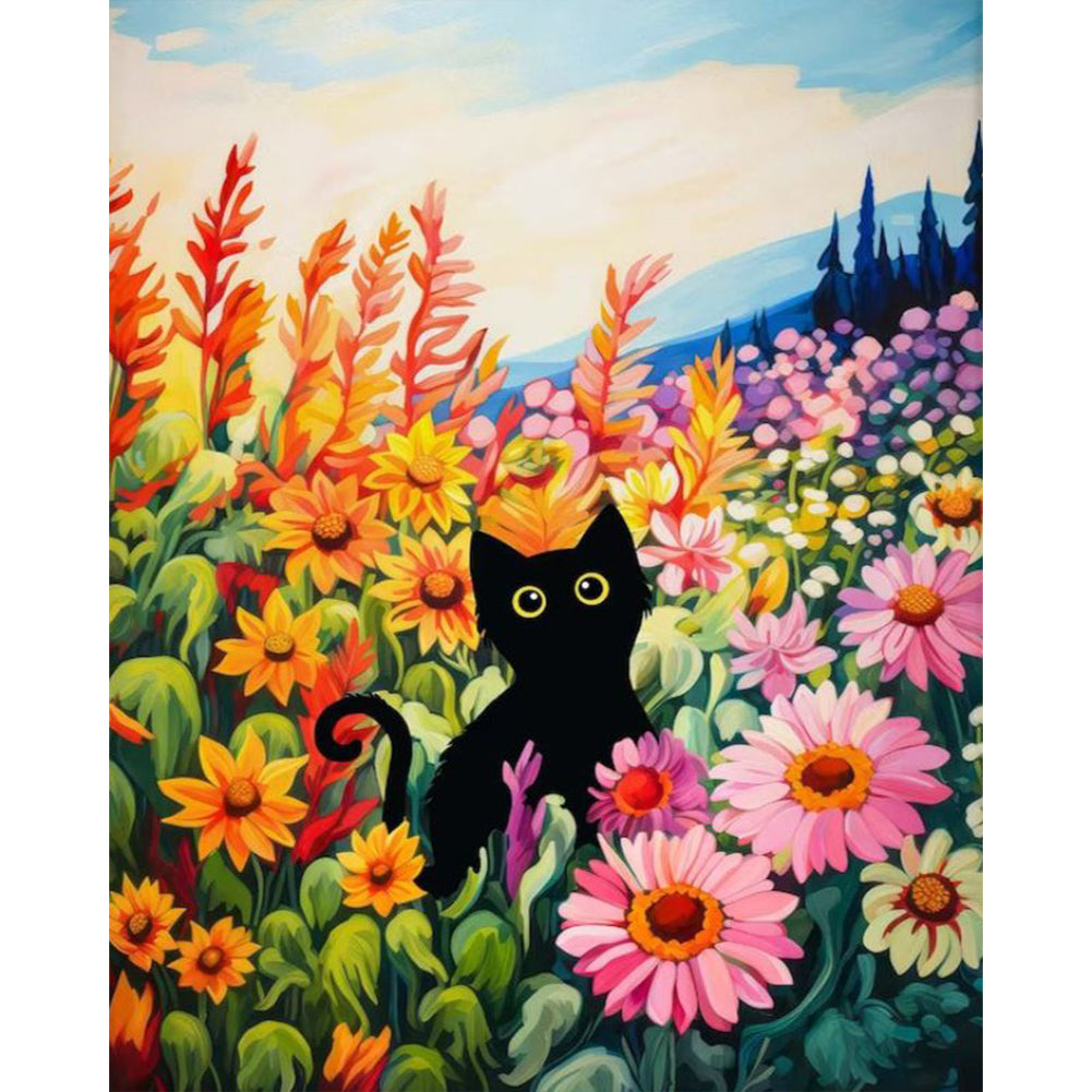 Diamond Painting - Full Round - black cat in flowers (40*50CM)
