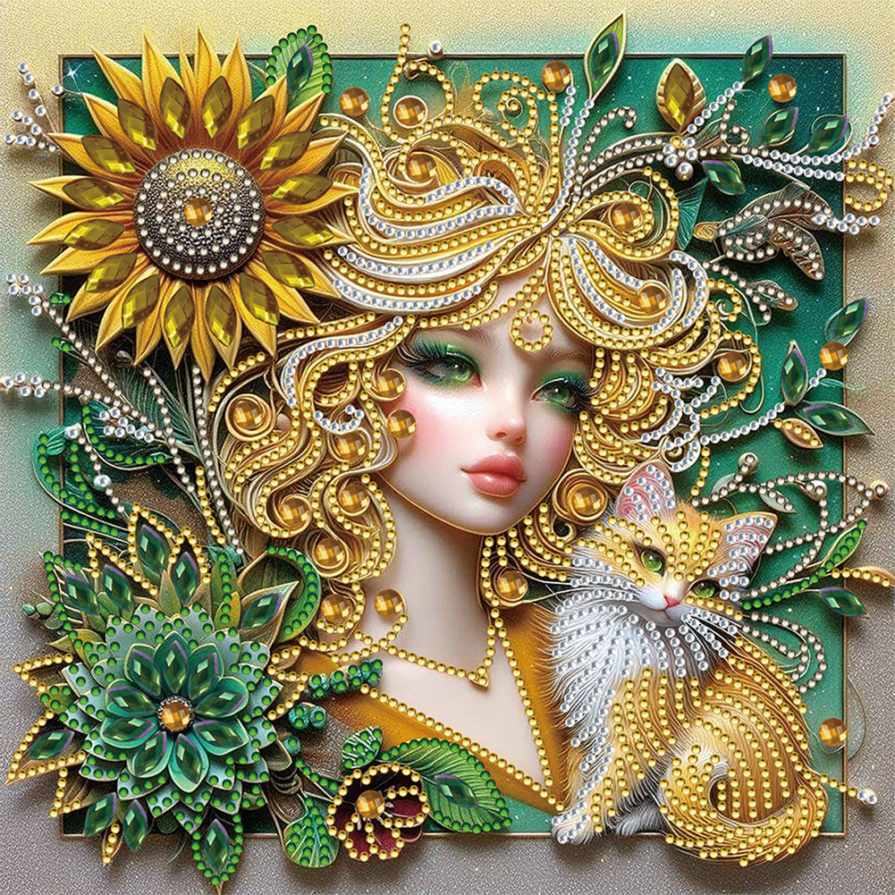 Diamond Painting - Partial Special Shaped - sunflower cat girl (30*30CM)