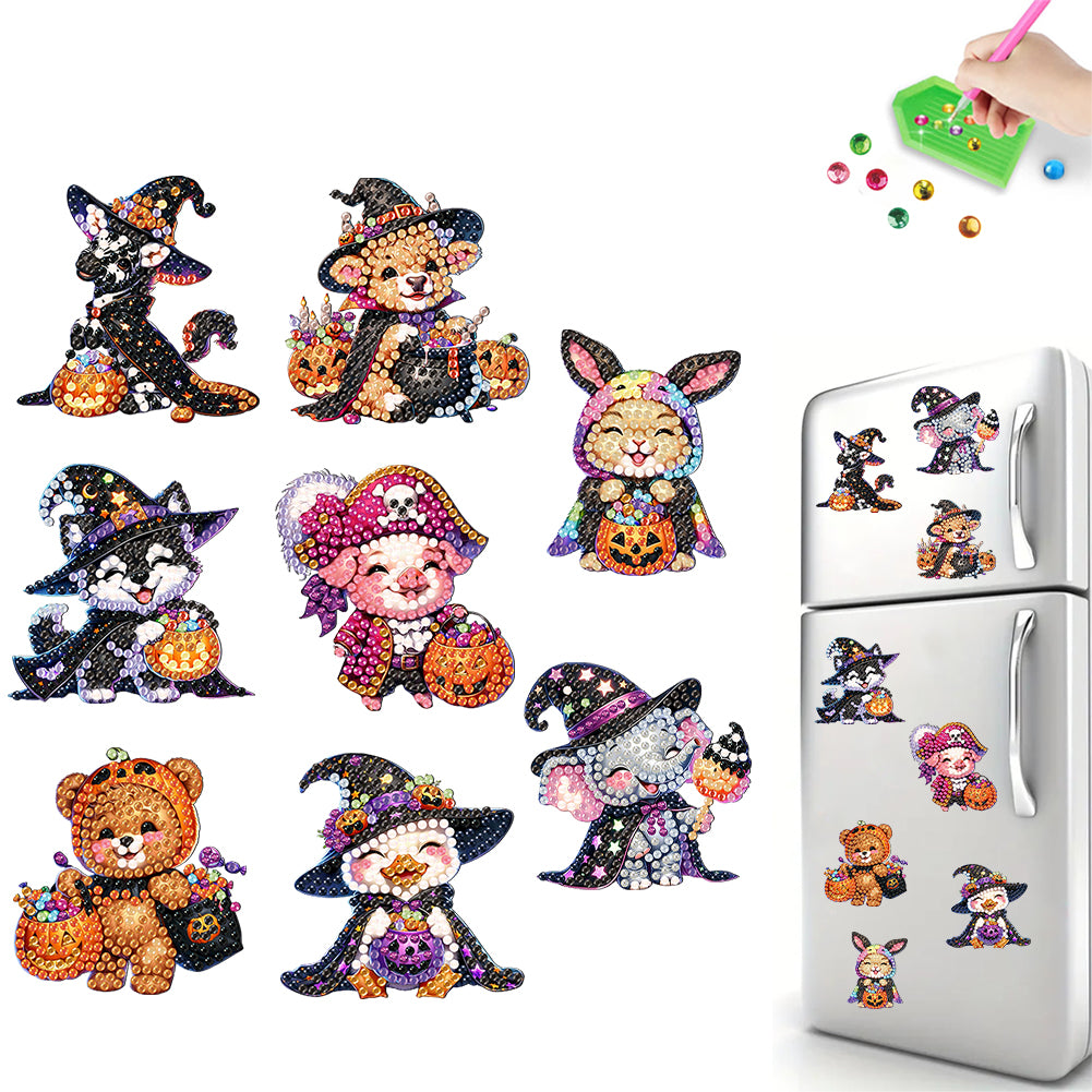 8Pcs Acrylic Halloween Animals Diamond Art Magnets Decals for Fridge Whiteboards