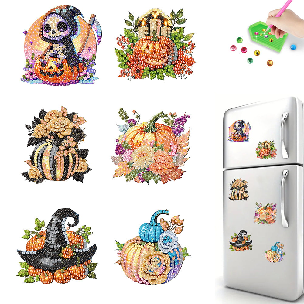 6Pcs Acrylic Pumpkin Fridge Stickers Diamond Painting Art Magnets Decals