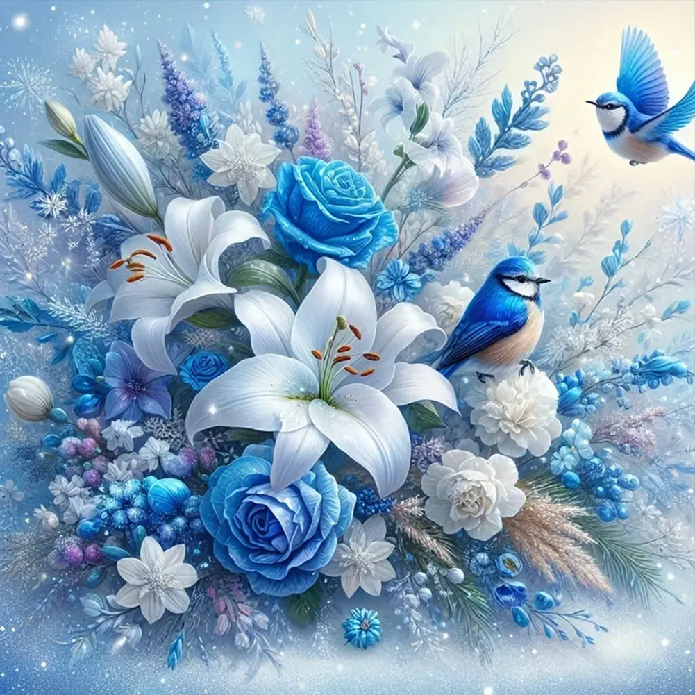Diamond Painting - Full Round - Blue flowers and birds (40*40CM)