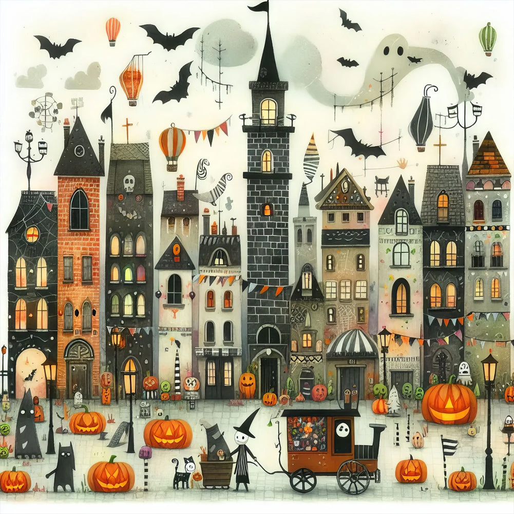 Diamond Painting - Full Round - Halloween town street scene (40*40CM)