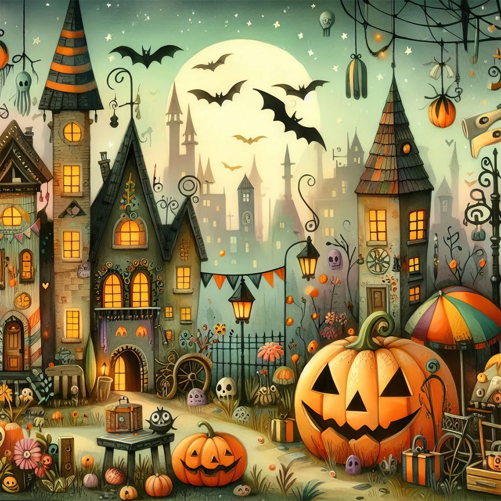 Diamond Painting - Full Round - Halloween town street scene (40*40CM)