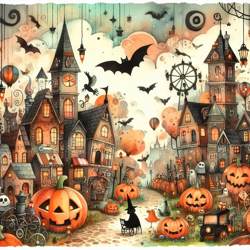 Diamond Painting - Full Round - Halloween town street scene (40*40CM)