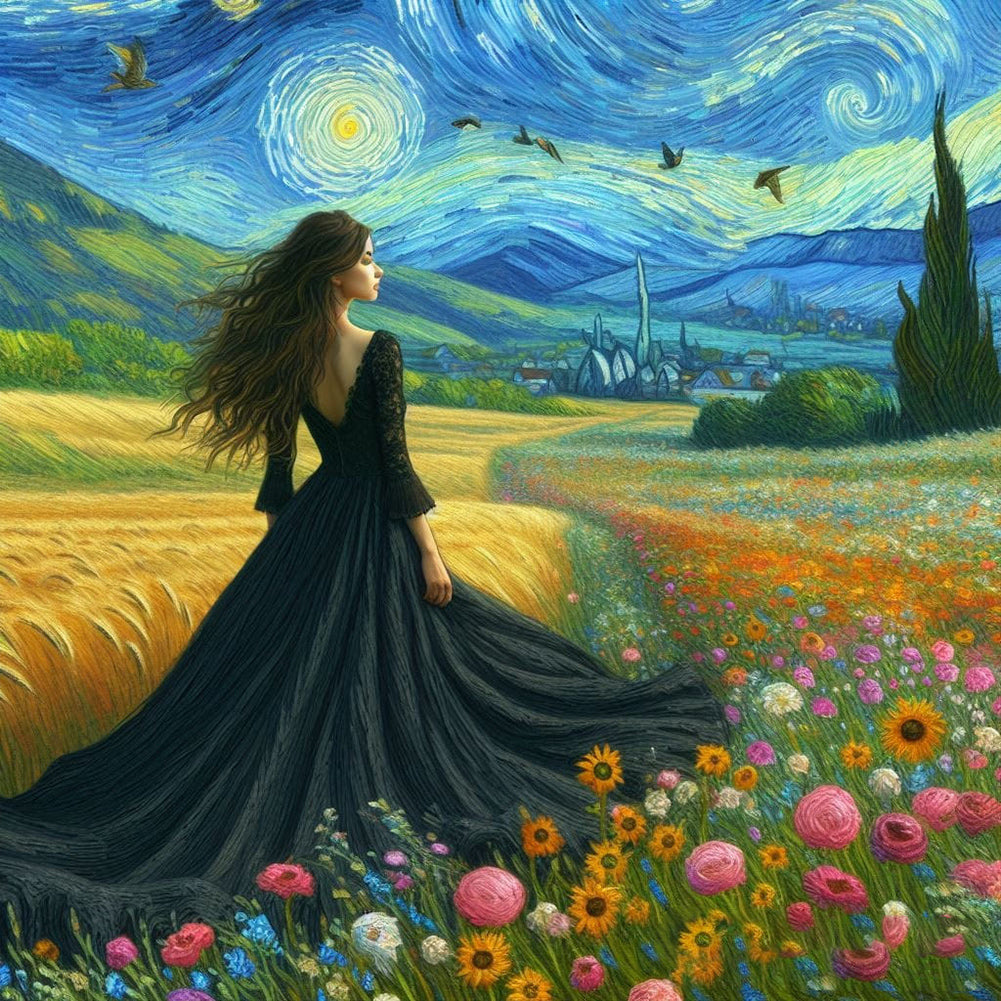 Diamond Painting - Full Round - Van Gogh starry sky flower girl back (40*40CM)