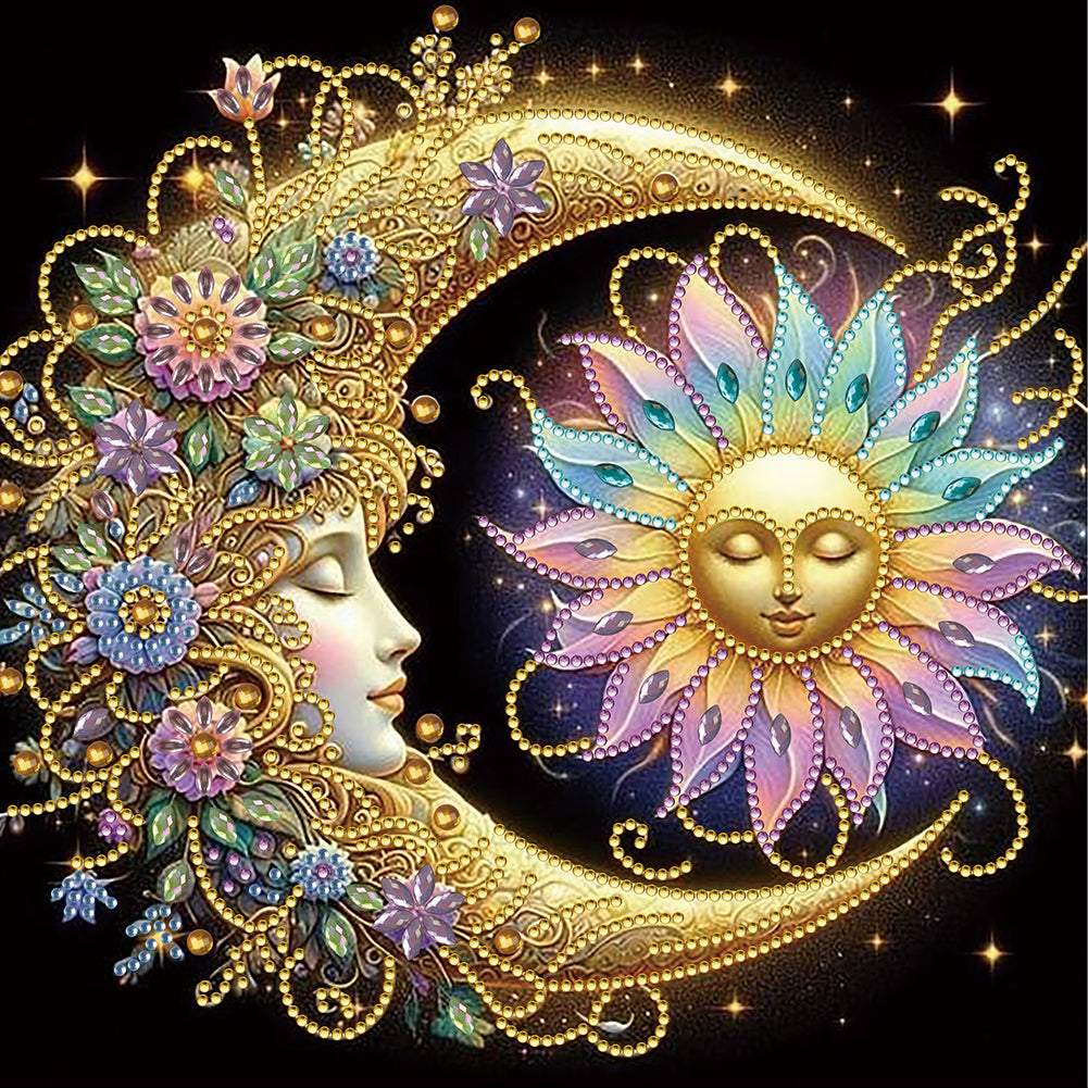 Diamond Painting - Partial Special Shaped - Flowers, stars and moon (30*30CM)