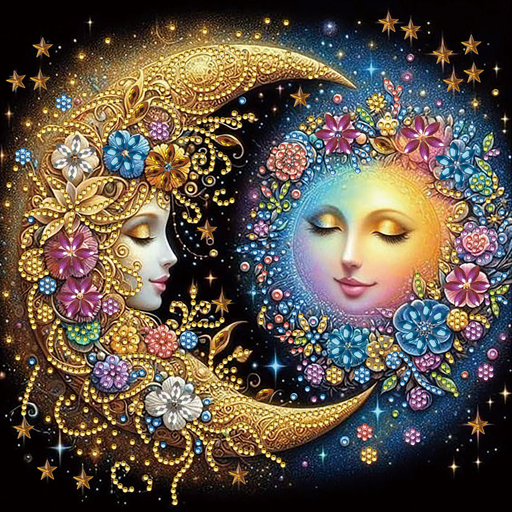 Diamond Painting - Partial Special Shaped - Flowers, stars and moon (30*30CM)