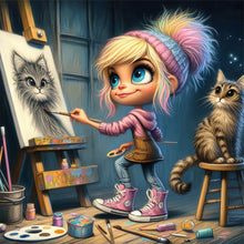Load image into Gallery viewer, Diamond Painting - Full Round - Pixels Girl drawing a kitten (30*30CM)
