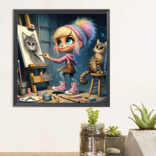 Load image into Gallery viewer, Diamond Painting - Full Round - Pixels Girl drawing a kitten (30*30CM)
