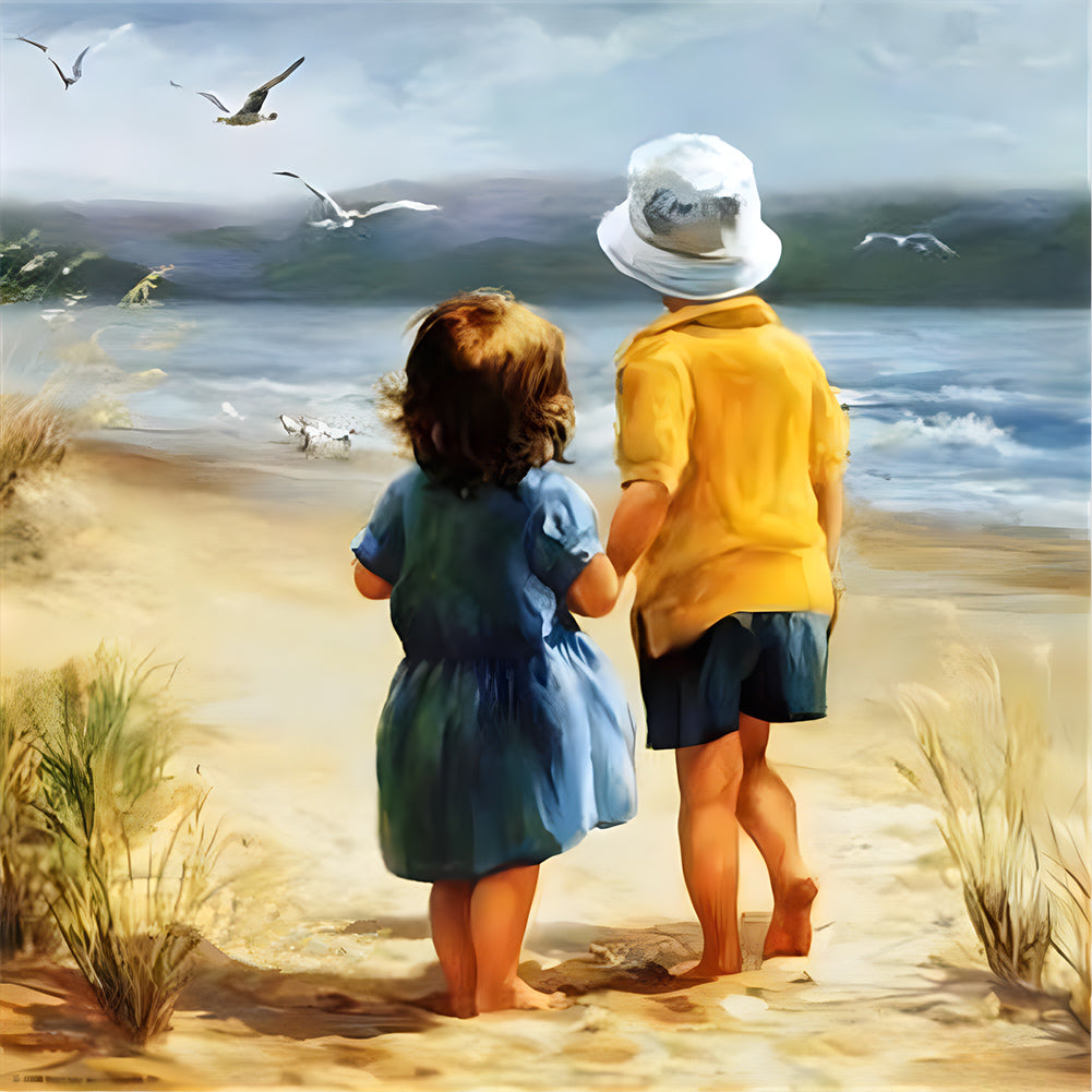 Diamond Painting - Full Round - Oil painting back view of children (30*30CM)