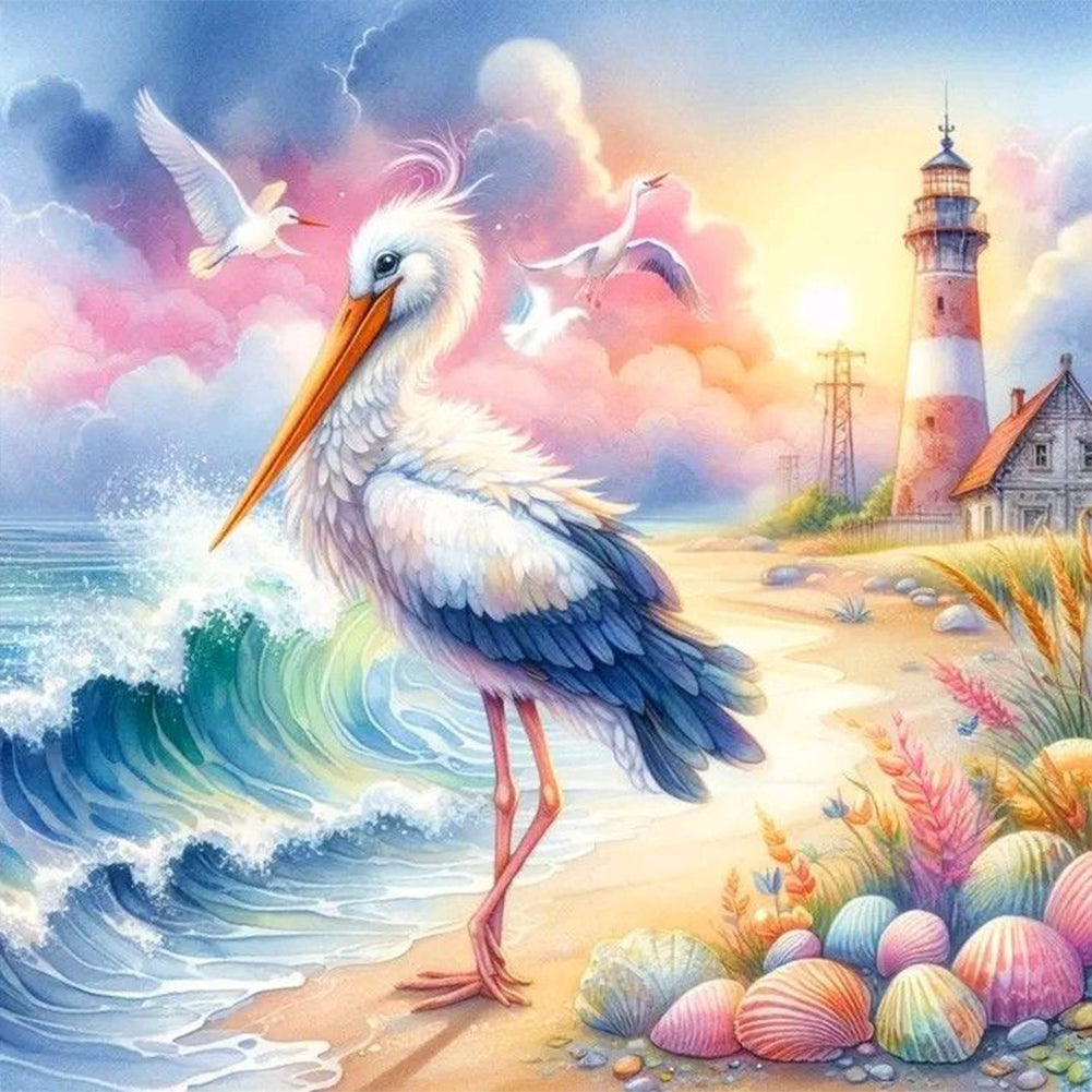 Diamond Painting - Full Round - Egrets at the lighthouse by the seaside (40*40CM)