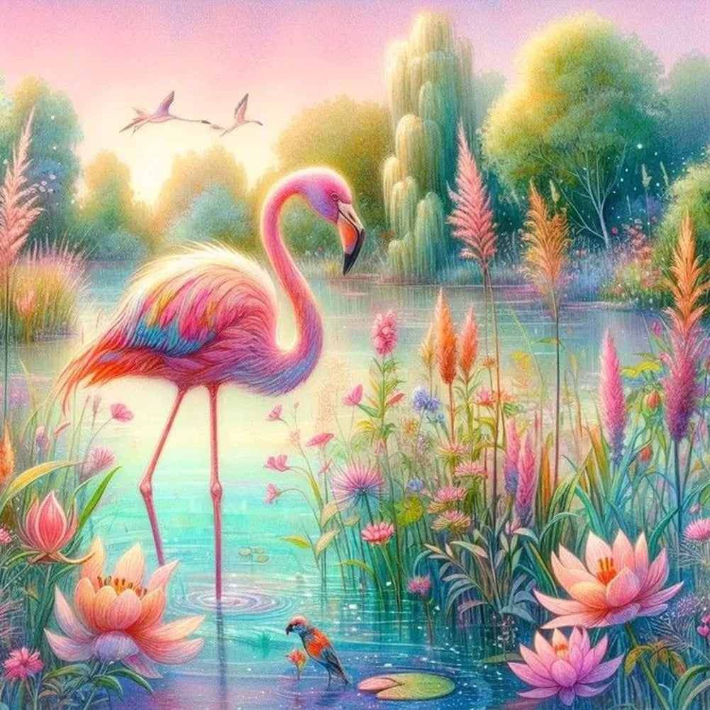 Diamond Painting - Full Round - Flamingos by the stream (40*40CM)