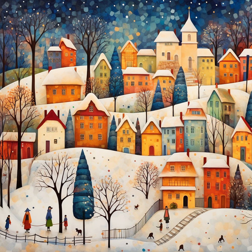 Diamond Painting - Full Round - Snowy night house town (40*40CM)