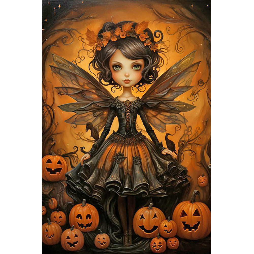 Diamond Painting - Full Round - Halloween pumpkin black elf girl (40*60CM)