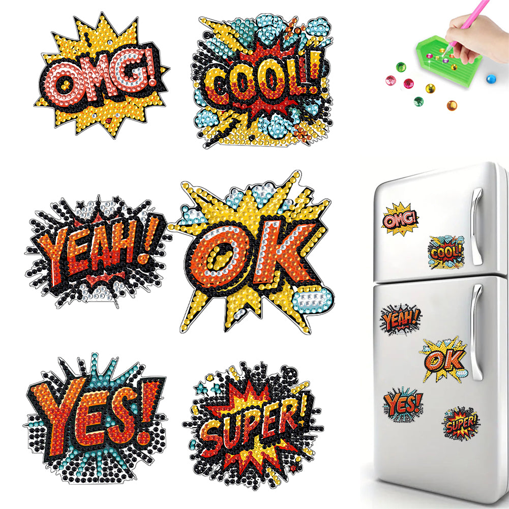 6Pcs Acrylic Special Shape English Words Diamond Painting Fridge Magnets