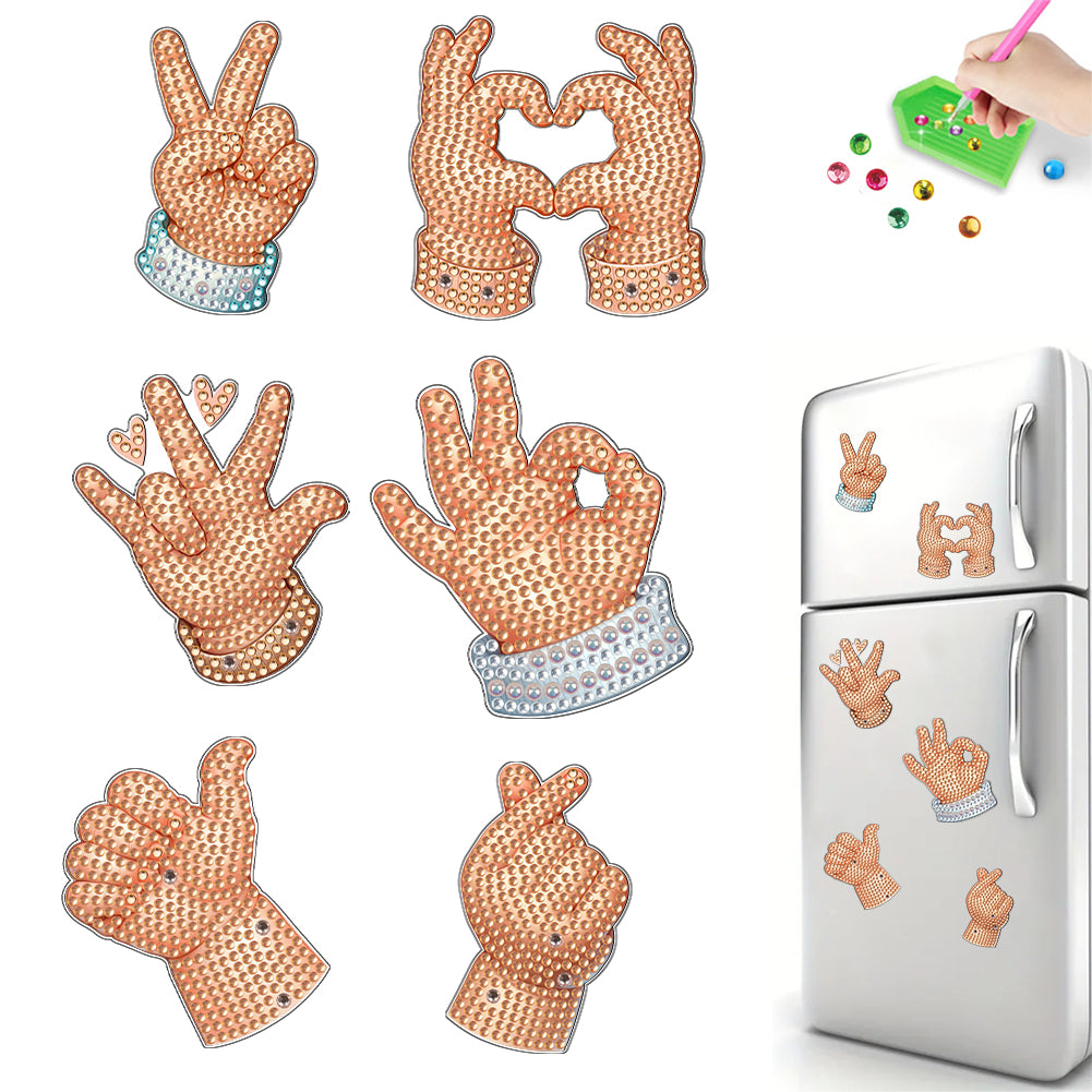 6Pcs Acrylic Special Shape Kids Hand Gestures Diamond Painting Fridge Magnets