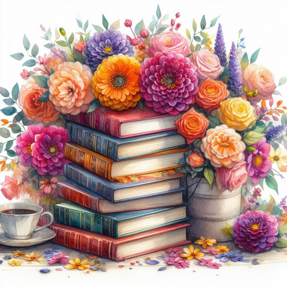 Diamond Painting - Full Round - Flowers and books (40*40CM)