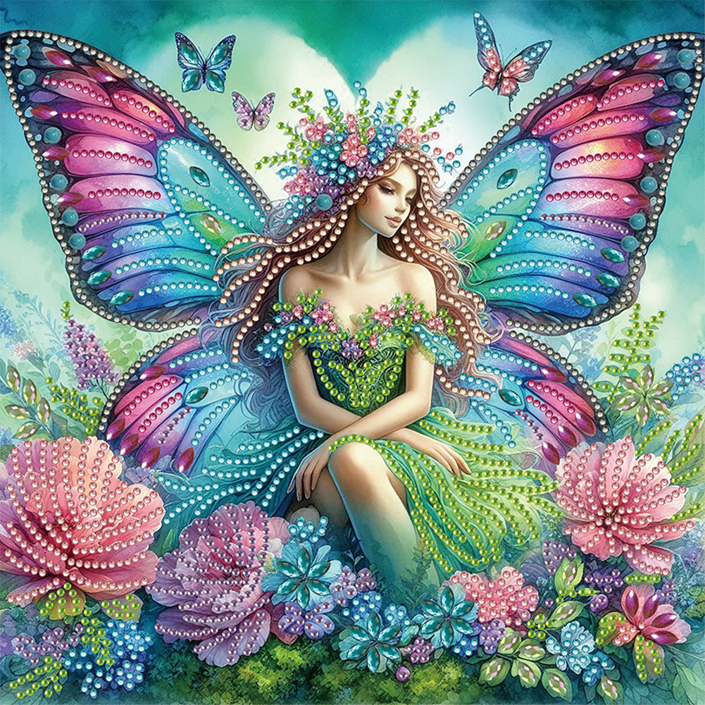 Diamond Painting - Partial Special Shaped - Butterfly girl and flower (30*30CM)