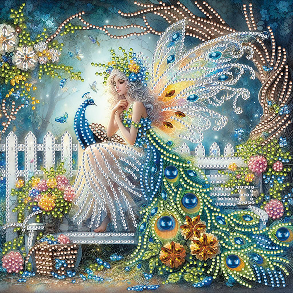 Diamond Painting - Partial Special Shaped - Butterfly girl and peacock (30*30CM)