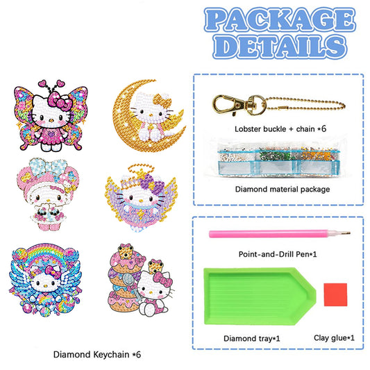 6Pcs Acrylic Double Side Hello Kitty Diamond Art Craft Keychain DIY Crafts Decor