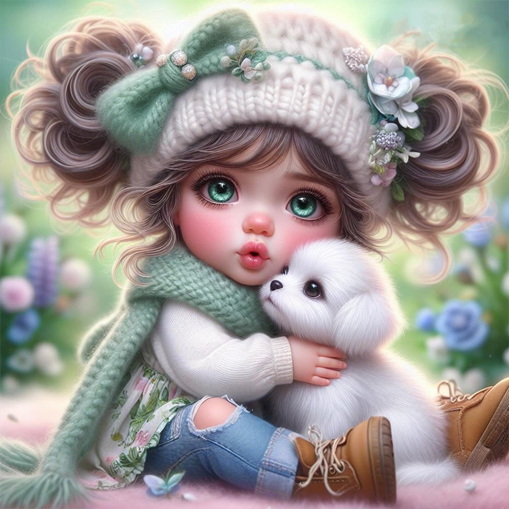 Diamond Painting - Full Round - White puppy and girl (30*30CM)