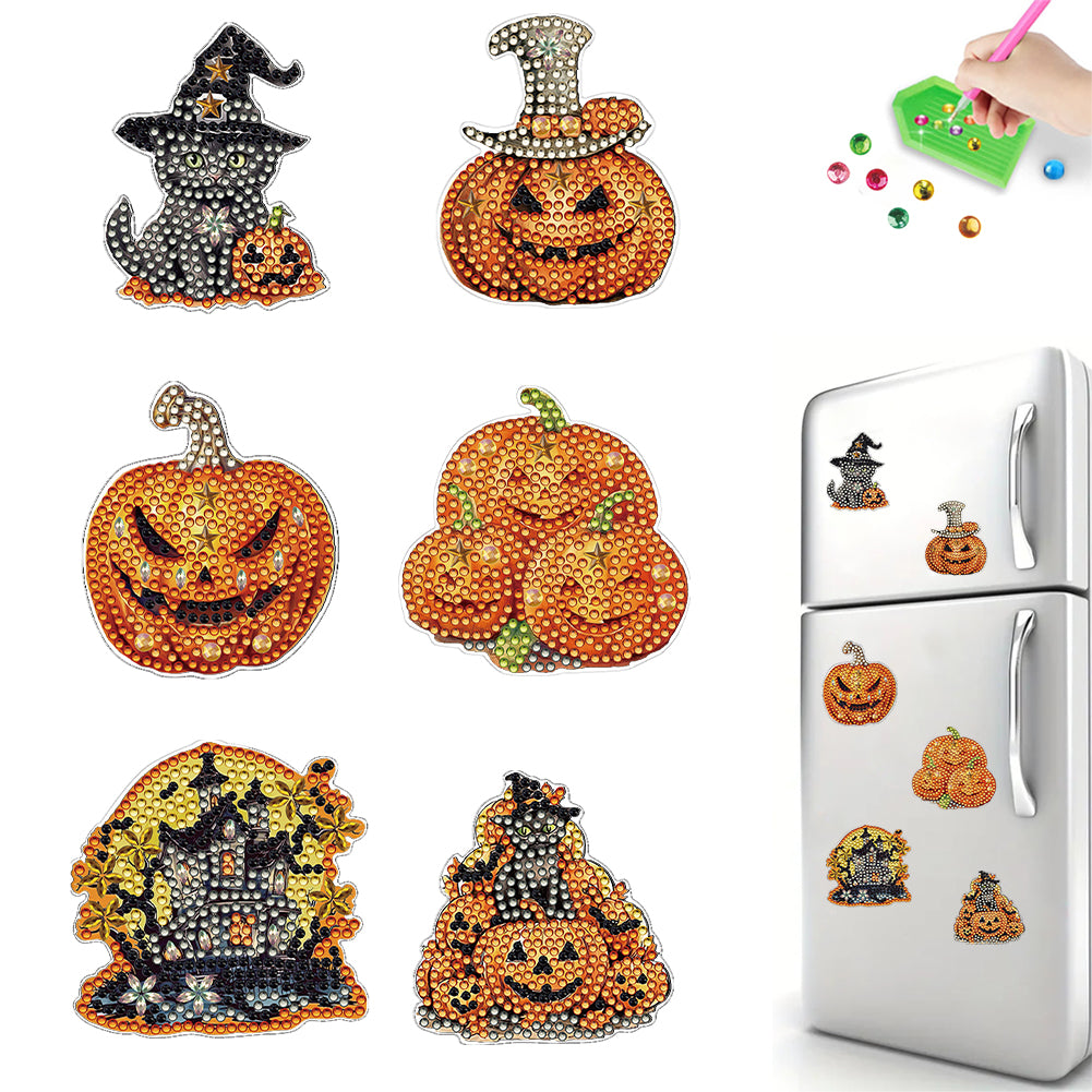 6Pcs Acrylic Special Shape Halloween Pumpkin Diamond Painting Fridge Magnet