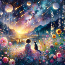 Load image into Gallery viewer, Diamond Painting - Full Round - Girl and cat in the river of stars and paddy fields (40*40CM)
