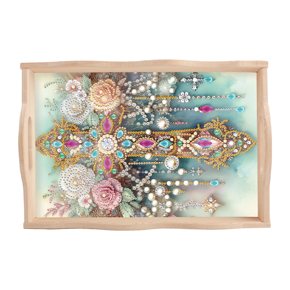 Wooden Cross Diamond Painting Tray Handicraft with Handles for Desk Coffee Table