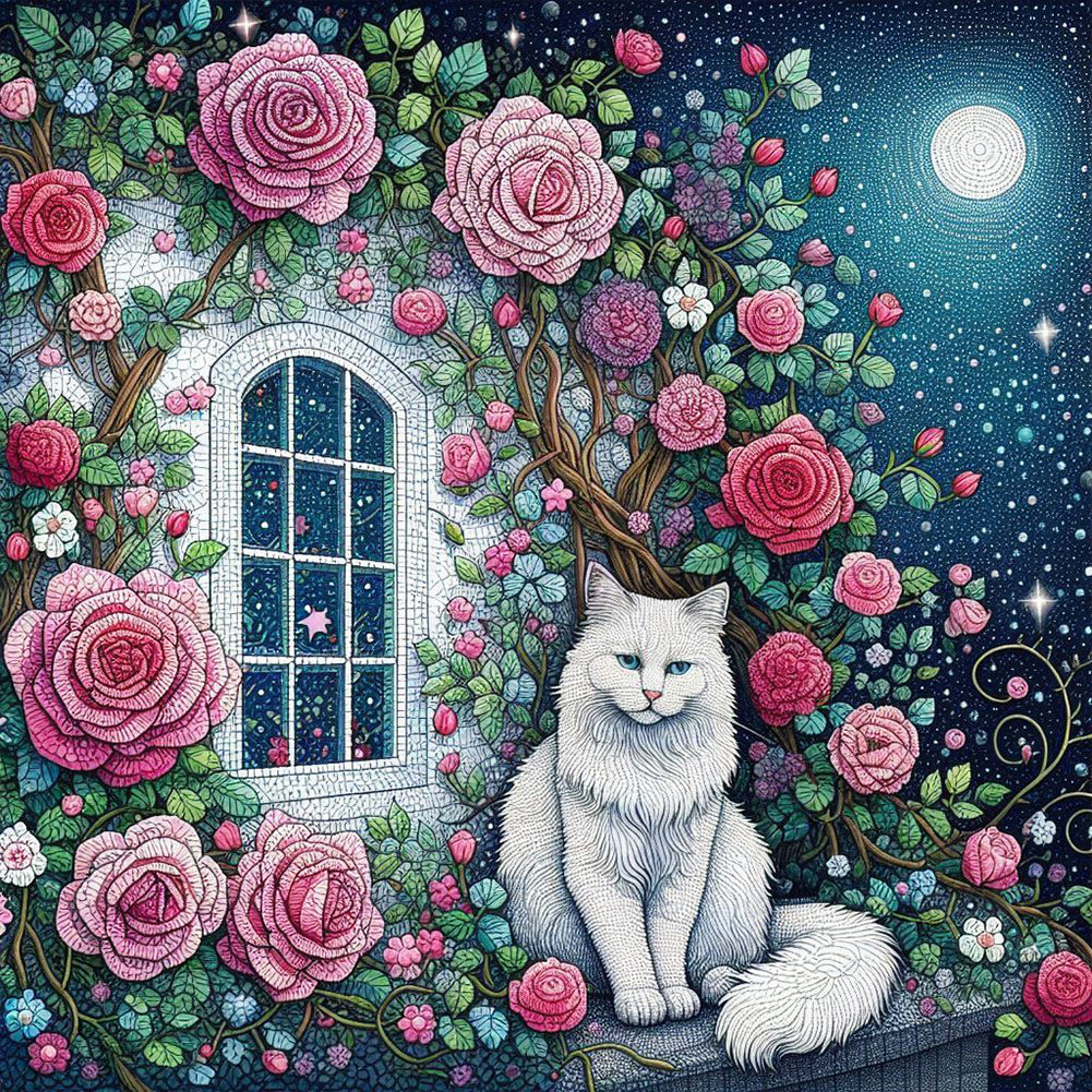 Diamond Painting - Full Round - White cat on rose window (30*30CM)