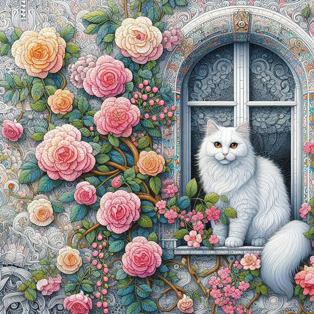 Diamond Painting - Full Round - White cat on rose window (30*30CM)