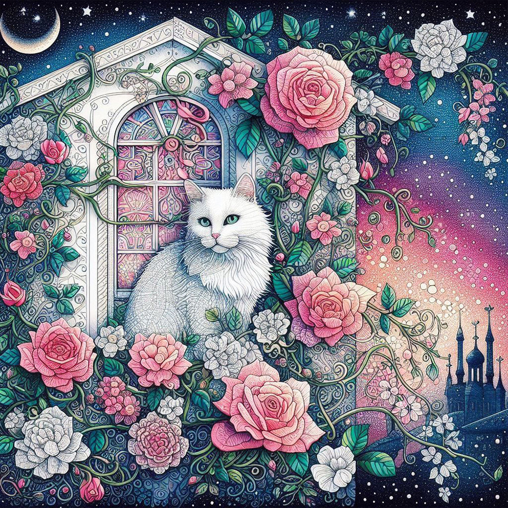 Diamond Painting - Full Round - White cat on rose window (30*30CM)
