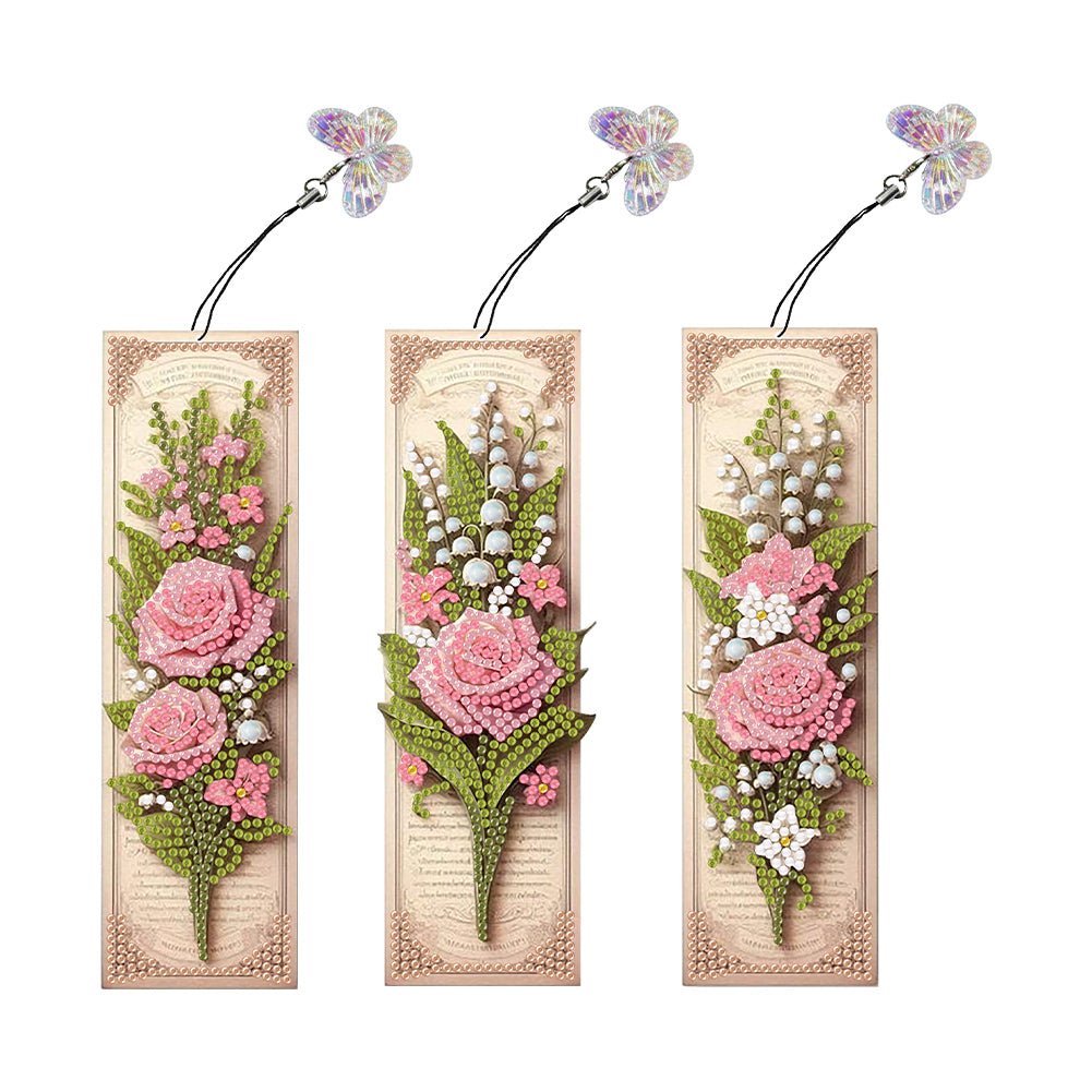 3Pcs Special Shape Rose Bouquet Diamond Painting Bookmark for Book Lovers