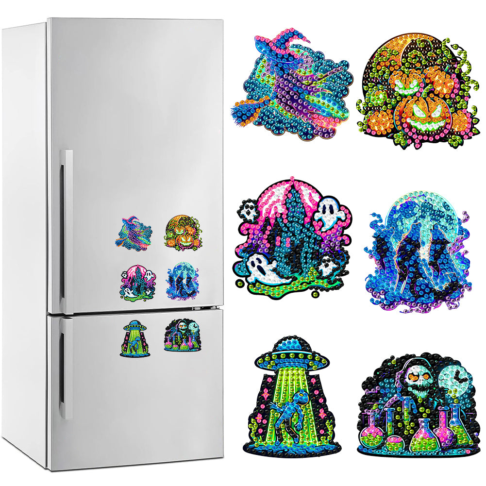 6Pcs Acrylic Special Shape Halloween Diamond Painting Refrigerator Magnets