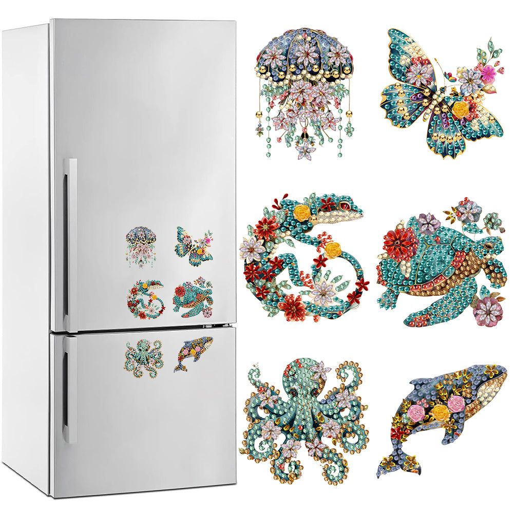 6Pcs Acrylic Special Shape Flowers and Animal Diamond Painting Fridge Magnets