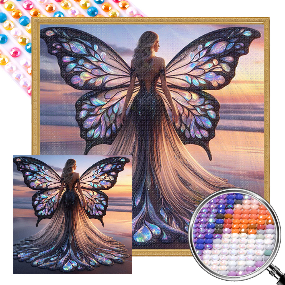 AB Diamond Painting - Full Round - Butterfly girl on the beach (40*40CM)