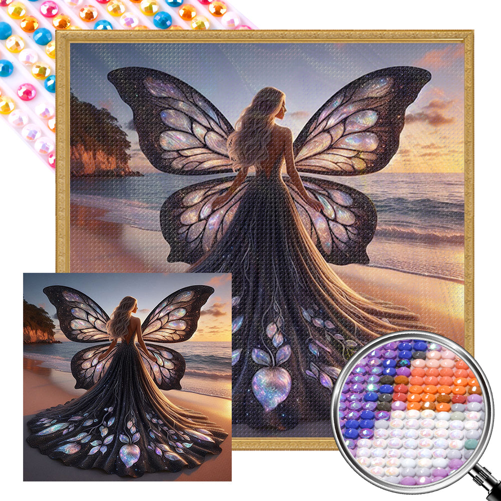 AB Diamond Painting - Full Round - Butterfly girl on the beach (40*40CM)