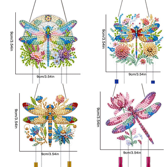 4Pcs Double Sided Acrylic Dragonfly Diamond Painting Wind Chimes Pendant Kit