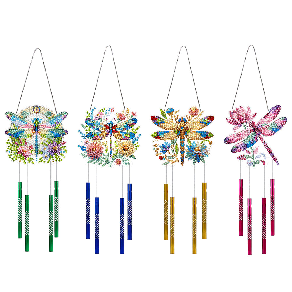 4Pcs Double Sided Acrylic Dragonfly Diamond Painting Wind Chimes Pendant Kit