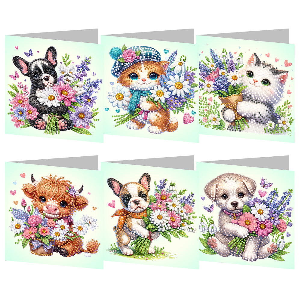 6Pcs Cat And Dog Diamond Painting Greeting Card Rhinestone Painting Card Kit