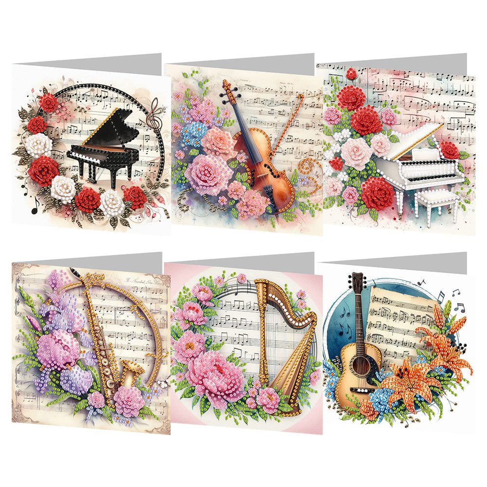 6Pcs Musical Instrument And Flowers Diamond Painting Greeting Card Party Favors